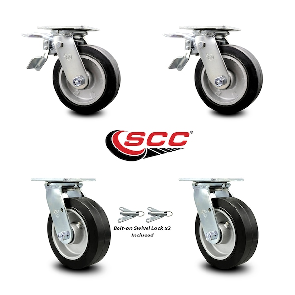 6 Inch Rubber on Aluminum Caster Set with Ball Bearings 2 Brake 2 Swivel Lock